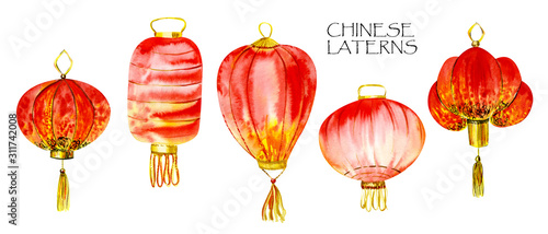 Watercolor set with chinese New Year Red Lanterns. Chinese clipart, Traditional Elelments isolated on white photo