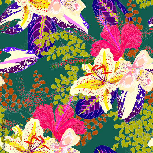 Floral seamless  pattern with bright tropical leaves and exotic flowers. Pattern can be used for wallpaper and textile, pattern fills, web page background, surface textures.