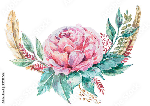 Fototapeta Naklejka Na Ścianę i Meble -  Watercolor hand painted pink peony bouquet, wreath. Botanical floral illustration on white background. Perfect for print, wedding decoration, web design, poster, logo.