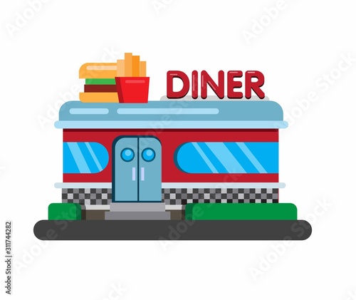 american fast food restaurant diner, building flat illustration vector 