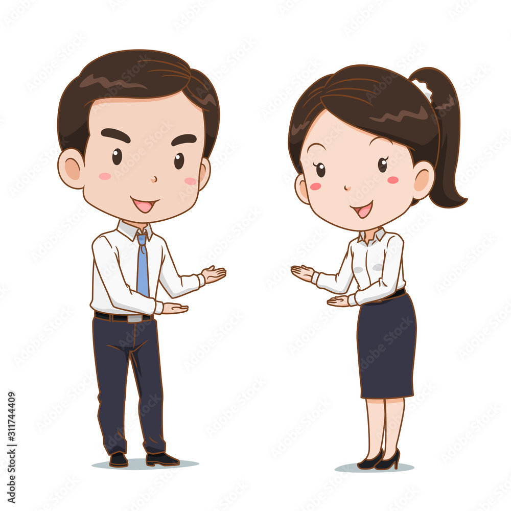 Cartoon of business man and woman in welcoming poses. Cartoon of business man and woman in welcoming poses.