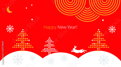 Template for Happy New Year greetings with winter forest, pixel Christmas trees, hare and snowdrifts in a flat business style