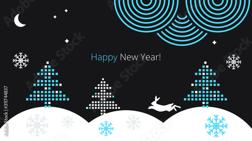 Template for Happy New Year greetings with winter forest, pixel Christmas trees, hare and snowdrifts in a flat business style