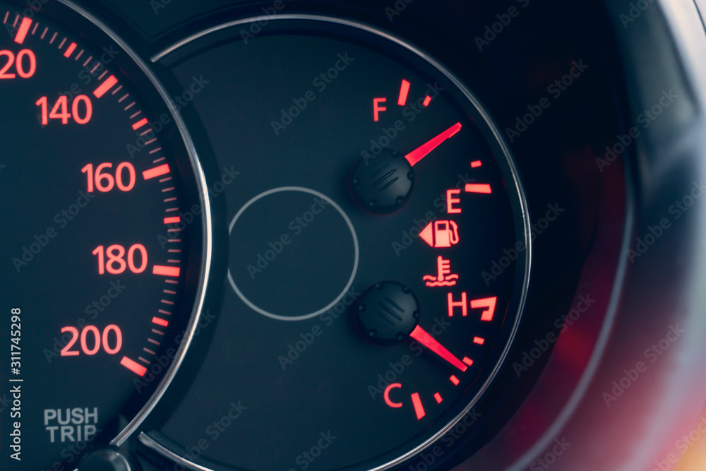 Close up speedometer of car show status of speed,Fuel and heat levels. Close up speedometer of car show status of speed,Fuel and heat levels.