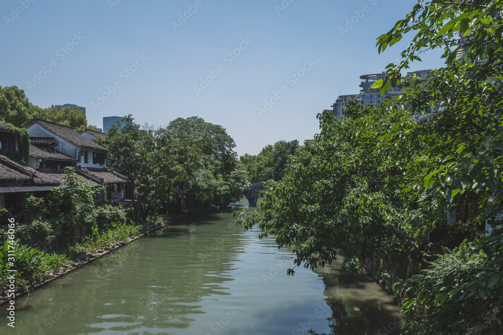 Buildings by river in Hangzhou, China