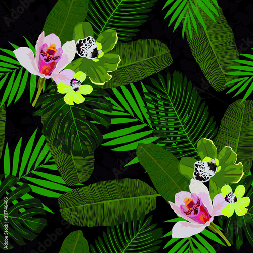 Floral seamless  pattern with bright tropical leaves and exotic flowers. Pattern can be used for wallpaper and textile, pattern fills, web page background, surface textures.