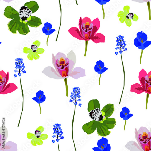 Seamless tropical pattern with exotic flowers . Graphic vector background.