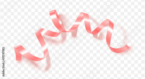 Pink silk ribbon with shadow on transparent background.Realistic decorative element for the design of postcards, posters, banners and more.Vector illustration.The view from the top