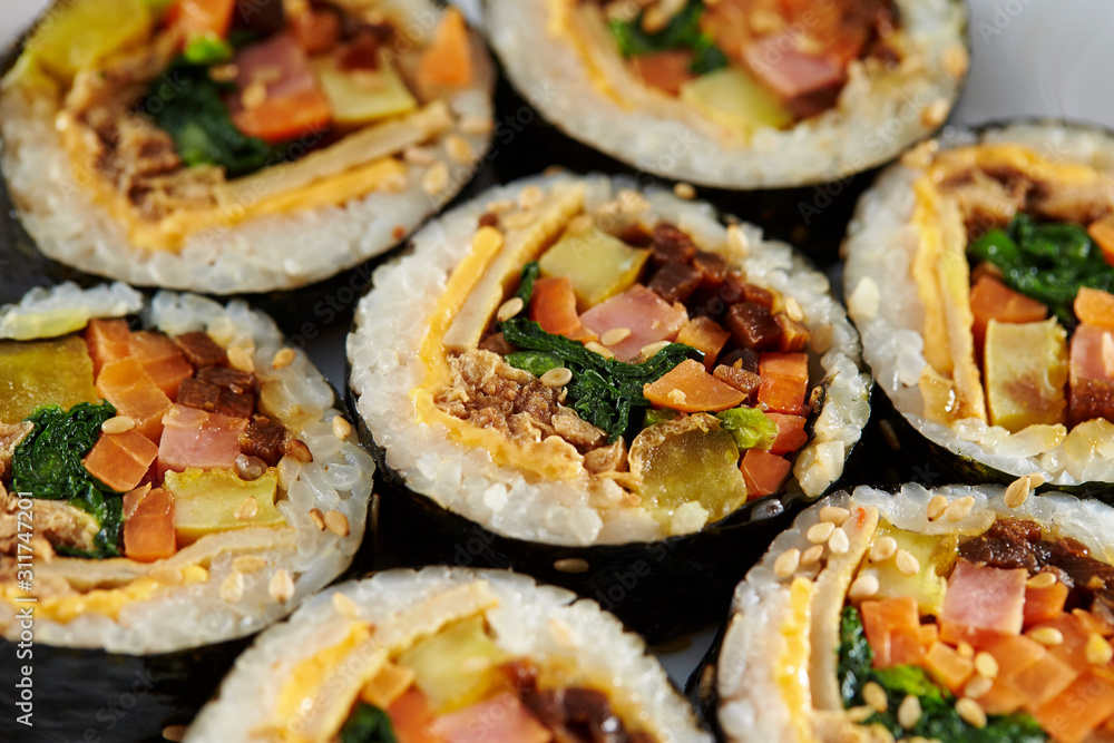 Gimbap, Korean rice rolls on plate 