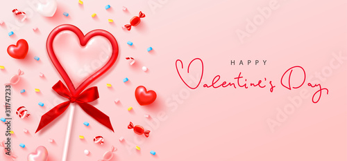 Happy Valentines Day festive banner. Vector illustration with lollipop in the form of a heart,candy, marshmallows and serpentine.Modern holiday background for postcard, poster and other design
