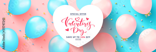 Happy valentine's day sale poster. Holiday background with blue and pink balloons. Vector illustration for website,banners,ads,coupons,promotional material