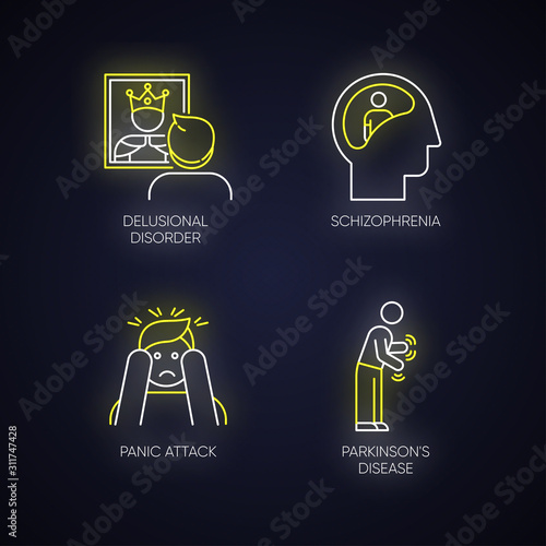 Mental disorder neon light icons set. Delusional person. Schizophrenia. Panic attack. Parkinson disease. Megalomania. Confused mind. Dementia. Glowing signs. Vector isolated illustrations