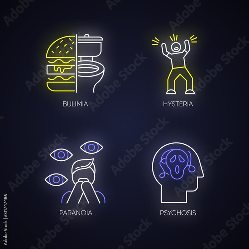 Mental disorder neon light icons set. Bulimia. Eating disorder. Hysteria. Panic attack. Anxiety, depression. Paranoia. Fear and phobia. Psychosis. Glowing signs. Vector isolated illustrations