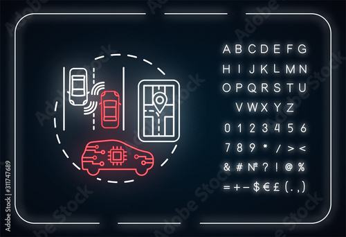 Autonomus driving neon light concept icon. Unmanned vehicles idea. Smart car. Driverless automobile. Artificial Intelligence. Glowing sign, alphabet, numbers and symbols. Vector isolated illustration
