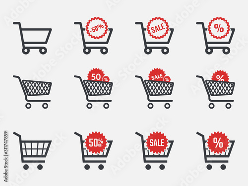 trolley icons, sale and discount icon set with shopping cart