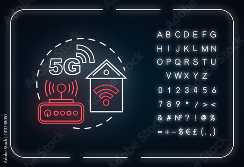 Fixed wireless access neon light concept icon. 5G technologies idea. Global coverege. Mobile internet. High-speed connection. Glowing sign, alphabet, numbers and symbols. Vector isolated illustration