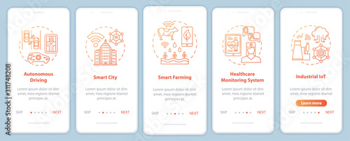 5G technologies onboarding mobile app page screen vector template. Autonomous driving. Smart city. Walkthrough website steps with linear illustrations. UX, UI, GUI smartphone interface concept