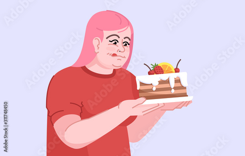 Sugar addicted woman flat color vector illustration. Nutrition choices. Gluttony. Unhealthy diet. Overweight caucasian girl with cake isolated cartoon character on light lilac background