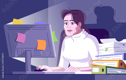 Workaholic woman flat vector illustration. Burnout office employee. Lady working overtime. Responsibility, deadlines. Compulsive worker girl at computer at night cartoon character