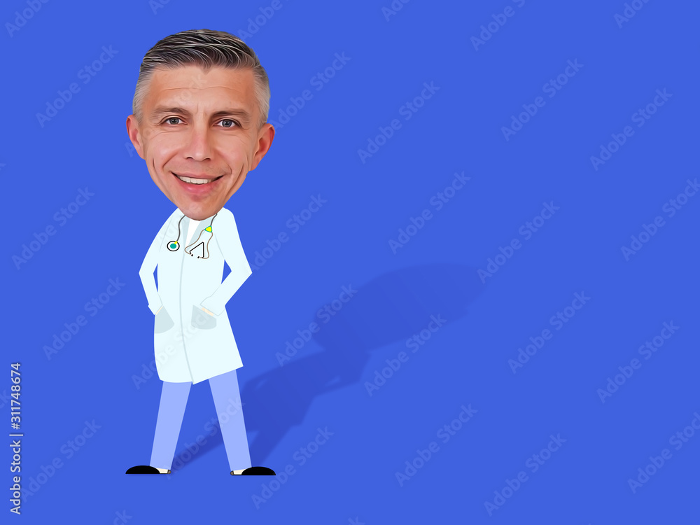 Caricature doctor man. Cartoon style body with real human big head in  medical uniform full length illustration Stock Illustration | Adobe Stock