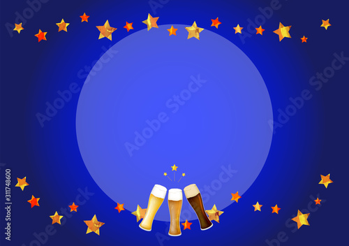 フレーム_枠_夜空_生ビール_黒ビール_地ビール_グラス_ベクター_イラスト_お酒_アルコール