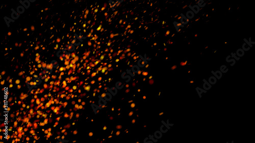 Fire glowing flying bokeh particles on black background