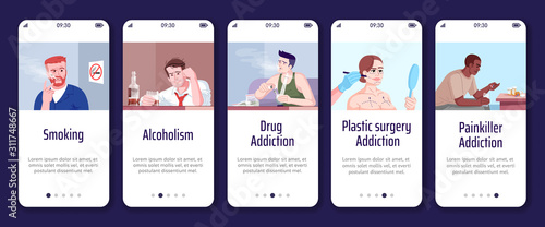 Addiction onboarding mobile app screen vector template. Smoking, alcoholism, drug addiction. Walkthrough website steps with flat characters. UX, UI, GUI smartphone cartoon interface concept
