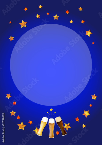 フレーム_枠_夜空_生ビール_黒ビール_地ビール_グラス_ベクター_イラスト_お酒_アルコール