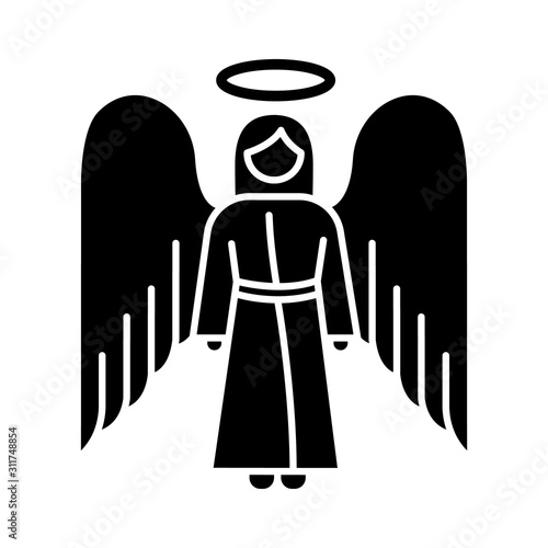 Angel glyph icon. Biblical archangel. Human figure in robe with wings and halo. Christmas holy angel. Gods messenger. Christian symbol. Silhouette symbol. Negative space. Vector isolated illustration