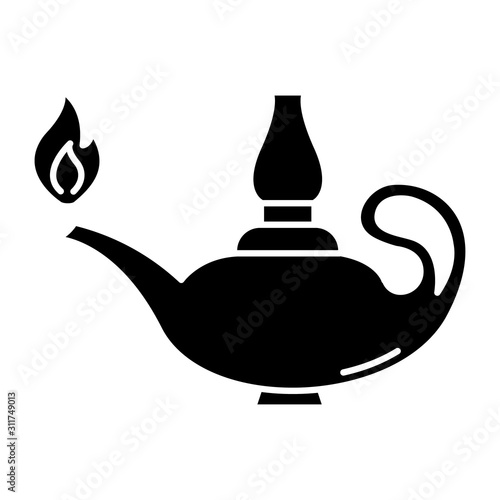 Lamp glyph icon. Lit glowing ancient oil lantern. Bible spiritual symbol. Middle Eastern fairytale burning lamp. Arab legend. Silhouette symbol. Negative space. Vector isolated illustration