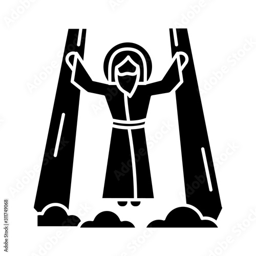 Ascension of Jesus Christ glyph icon. Messiah, the son of god raising on cloud in divine light. Savior in heaven. Bible easter story. Silhouette symbol. Negative space. Vector isolated illustration