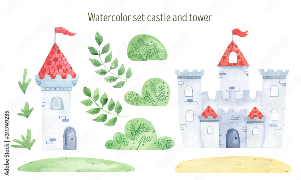 Watercolor knight's Castle and tower