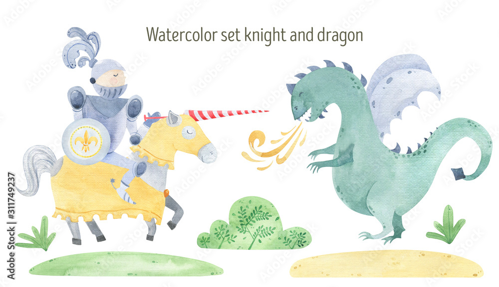 Naklejka premium Watercolor knight and dragon duel