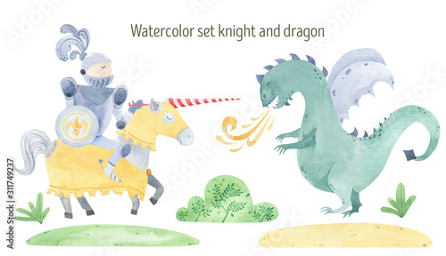 Watercolor knight and dragon duel