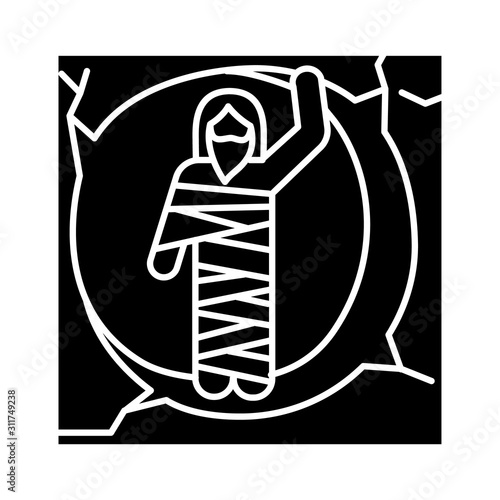 Raising of Lazarus glyph icon. Christ resurrection from tomb. Man in shroud at entrance to cave. Resurrection day. Easter Sunday. Silhouette symbol. Negative space. Vector isolated illustration