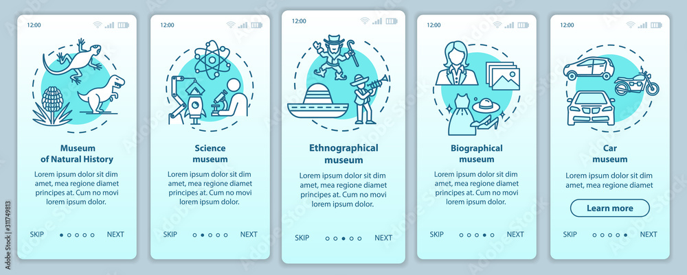 Exhibition and museum onboarding mobile app page screen vector template. Natural history. Walkthrough website steps with linear illustrations. UX, UI, GUI smartphone interface concept