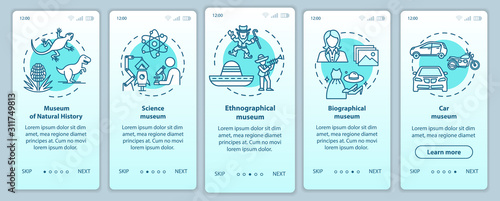 Exhibition and museum onboarding mobile app page screen vector template. Natural history. Walkthrough website steps with linear illustrations. UX, UI, GUI smartphone interface concept