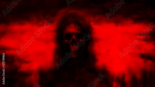 Goddess of death from darkness. Horror fantasy illustration. Evil queen looking ahead. Scary female face with glowing eyes. Gloomy character concept art.