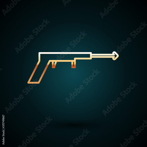 Gold line Fishing harpoon icon isolated on dark blue background. Fishery manufacturers for catching fish under water. Diving underwater equipment. Vector Illustration