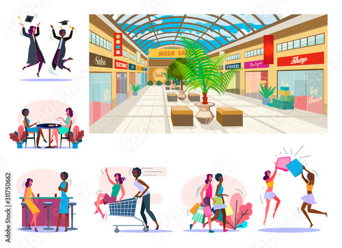 Set of cheerful female friends spending time together. Flat vector illustrations of women shopping, drinking at cafe or bar. Leisure concept for banner, website design or landing web page