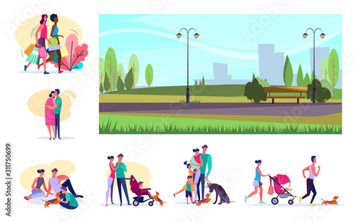 Set of citizens doing various activities. Flat vector illustrations of women shopping, families resting. Summer leisure concept for banner, website design or landing web page