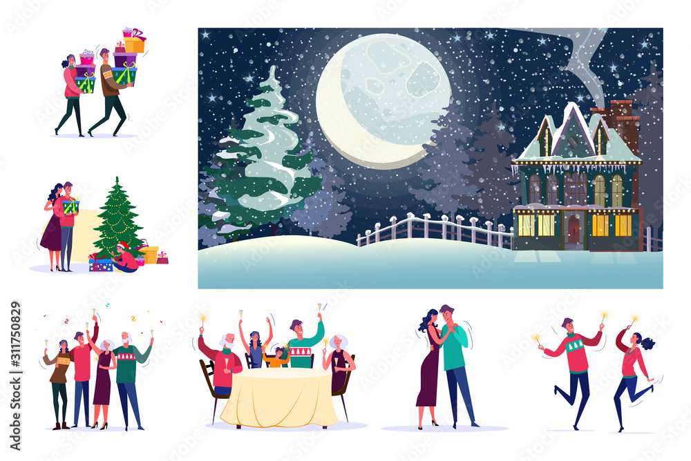 Set of families celebrating Christmas. Flat vector illustrations of people carrying presents, cheering and dancing. Winter holidays concept for banner, website design or landing web page Set of families celebrating Christmas. Flat vector illustrations of people carrying presents, cheering and dancing. Winter holidays concept for banner, website design or landing web page