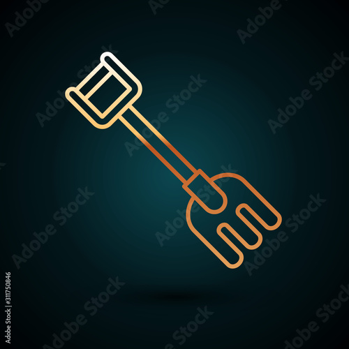 Gold line Garden rake icon isolated on dark blue background. Tool for horticulture, agriculture, farming. Ground cultivator. Housekeeping equipment. Vector Illustration