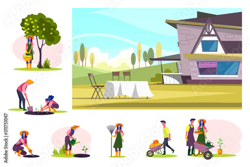 Set of grangers working at orchard. Flat vector illustrations of young people planting, watering plants, gazering harvest. Own farm concept for banner, website design or landing web page