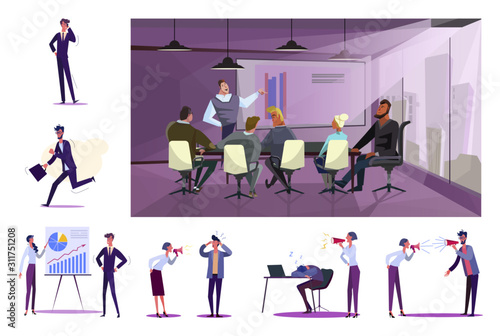 Set of office workers at workplace. Flat vector illustrations of people running, making presentation, screaming in megaphone. Team relations concept for banner, website design or landing web page