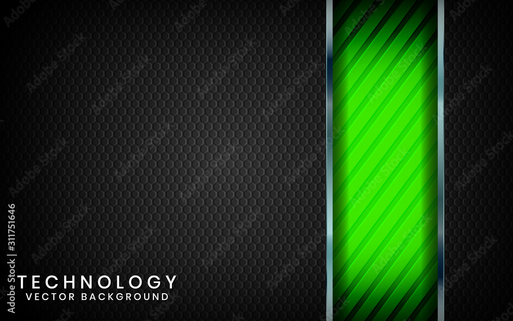 Abstract 3D black technology background overlap layers on dark space with green light effect decoration. Modern graphic design template elements for poster, flyer, brochure, or banner
