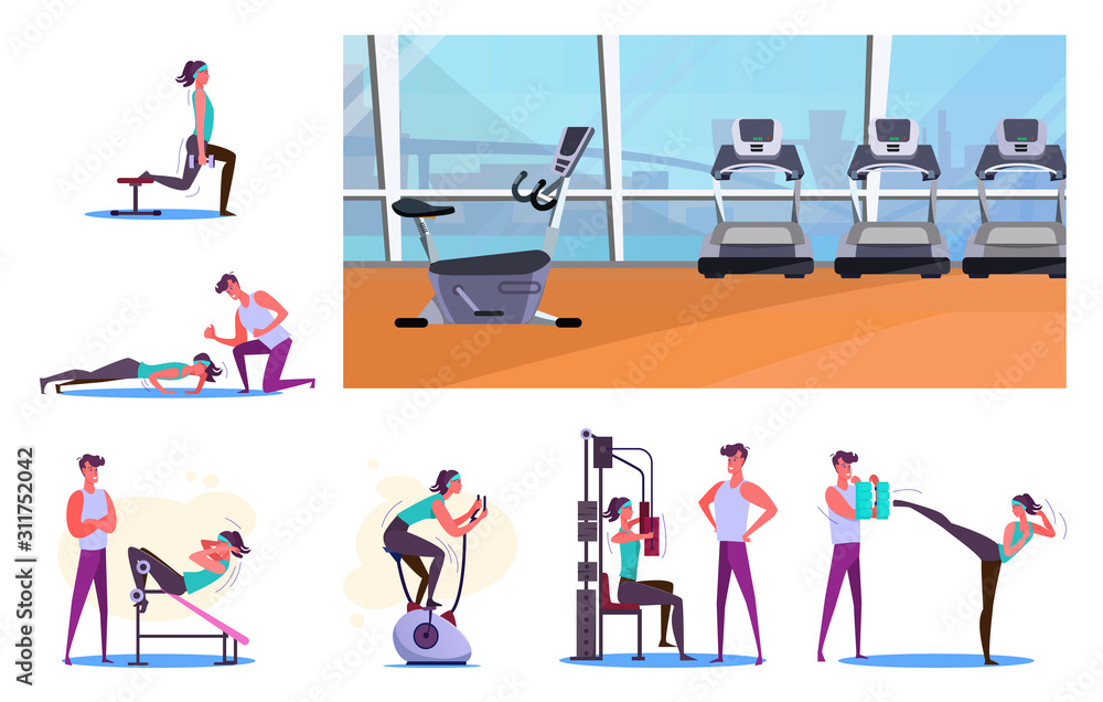 Set of sportsmen training at gym. Flat vector illustrations of young woman exercising with trainer and alone. Sport concept for banner, website design or landing web page