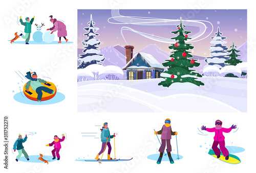 Set of winter activities. Flat vector illustrations of people making snowman, skiing, snowboarding. Winter holidays concept for banner, website design or landing web page