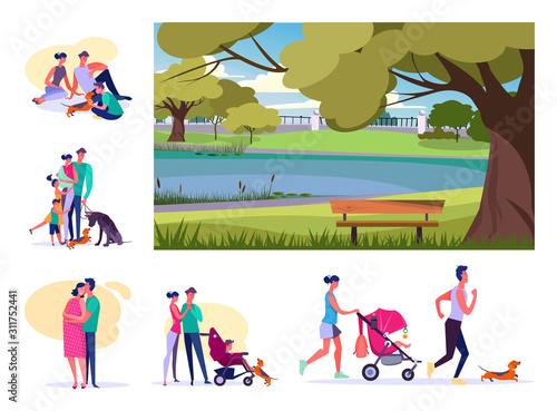 Set of young families resting at summer. Flat vector illustrations of parents spending time with children and pets. Family concept for banner, website design or landing web page