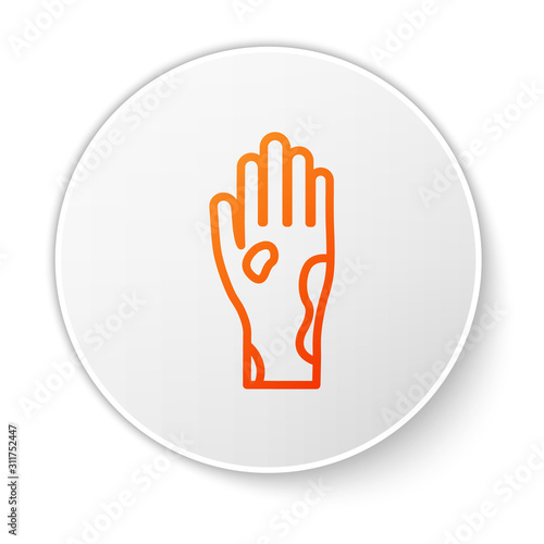 Orange line Hand with psoriasis or eczema icon isolated on white background. Concept of human skin response to allergen or chronic body problem. White circle button. Vector Illustration
